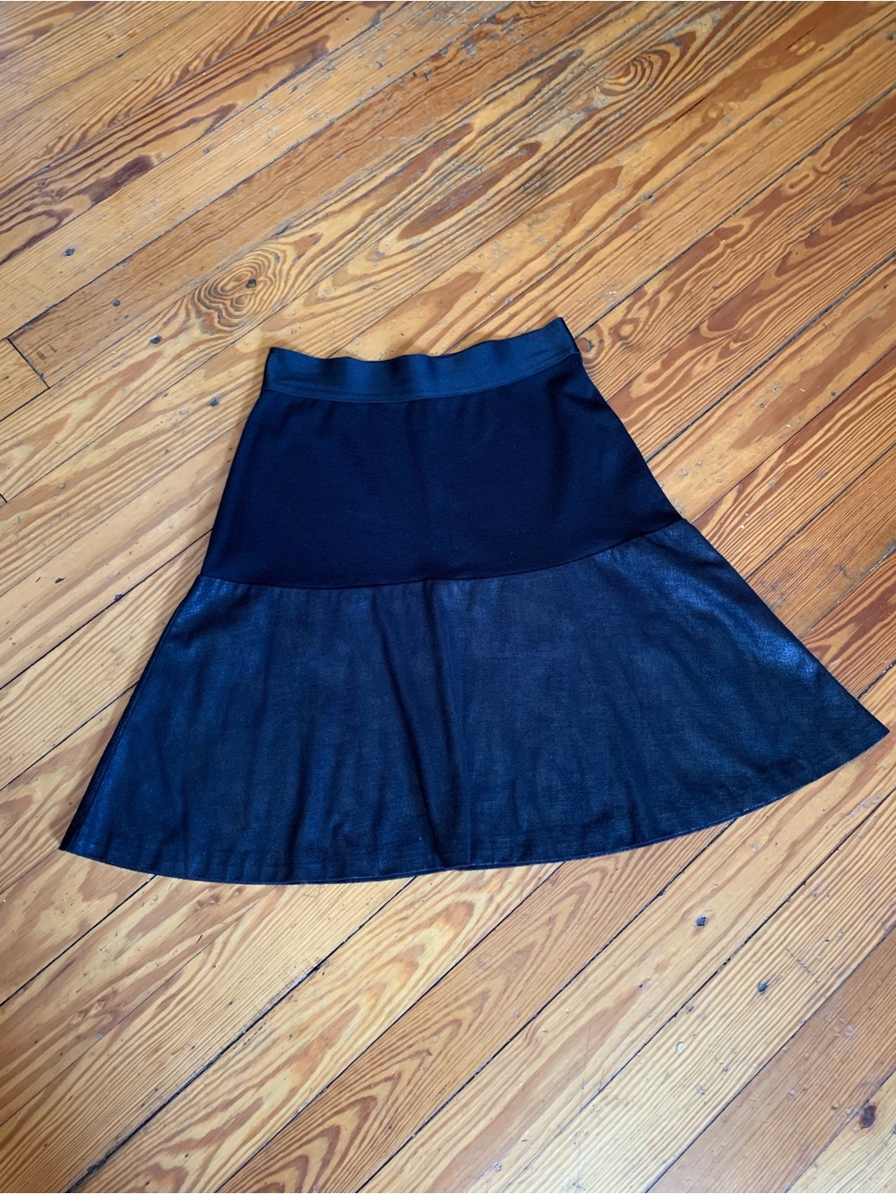 CAbi Black A-Line Tiered Midi Skirt with Flared Hem